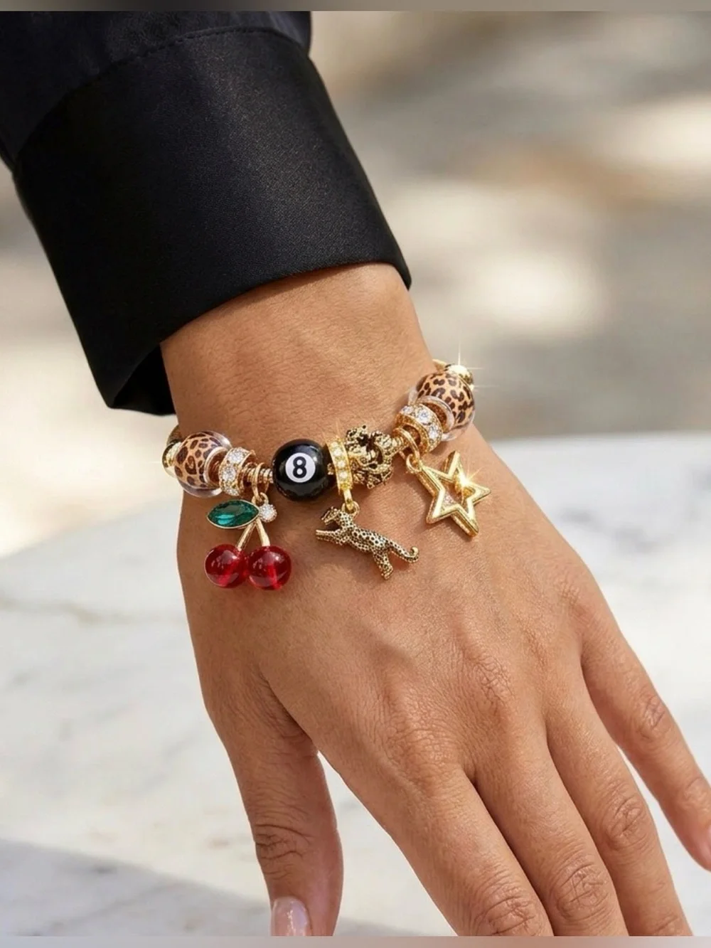 Gold Charm Bracelet with Black 8-Ball, Red Cherry & Leopard Beads